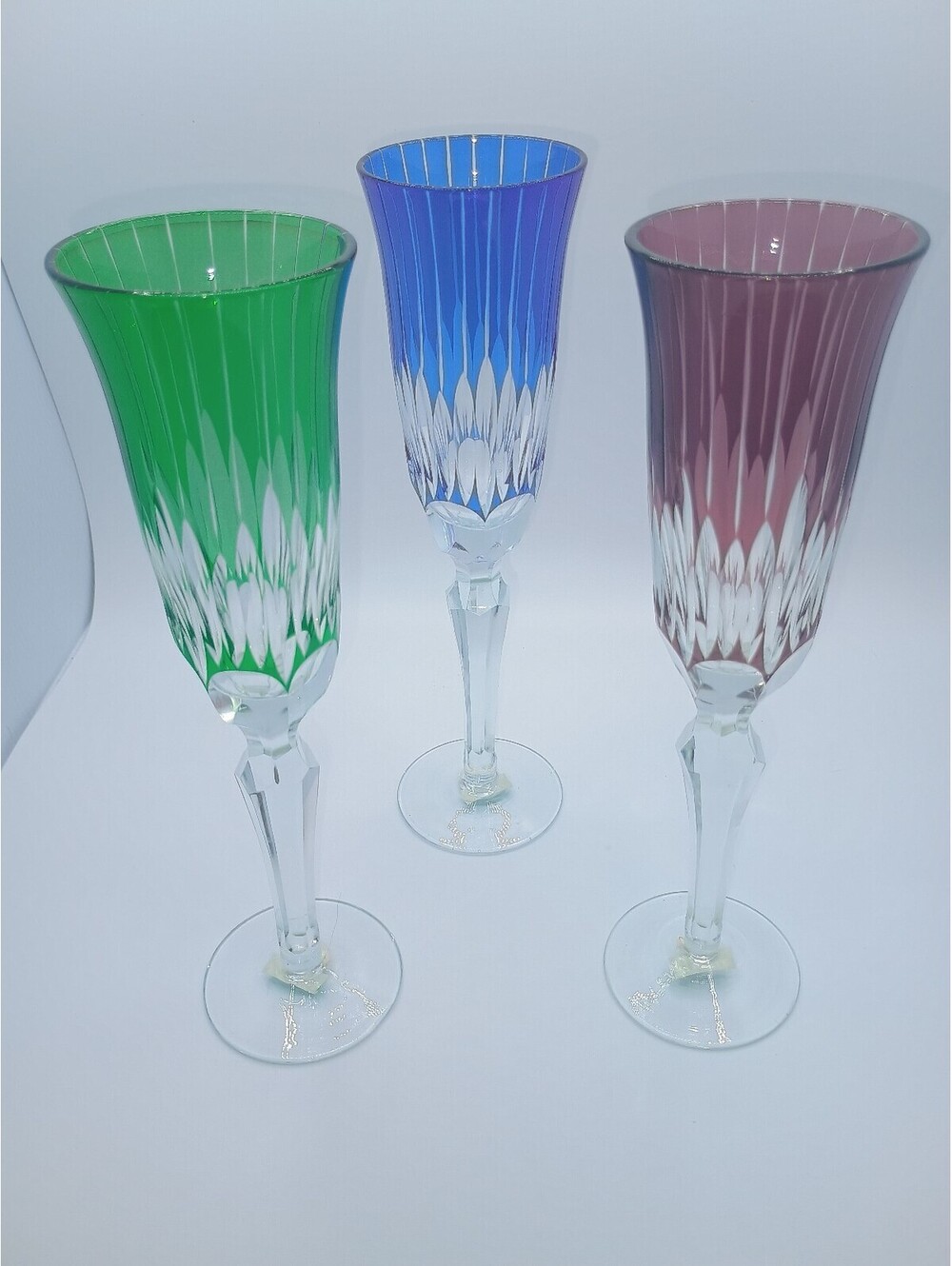 Set of 3 Vintage Towle Colored Crystal Champagne Flutes